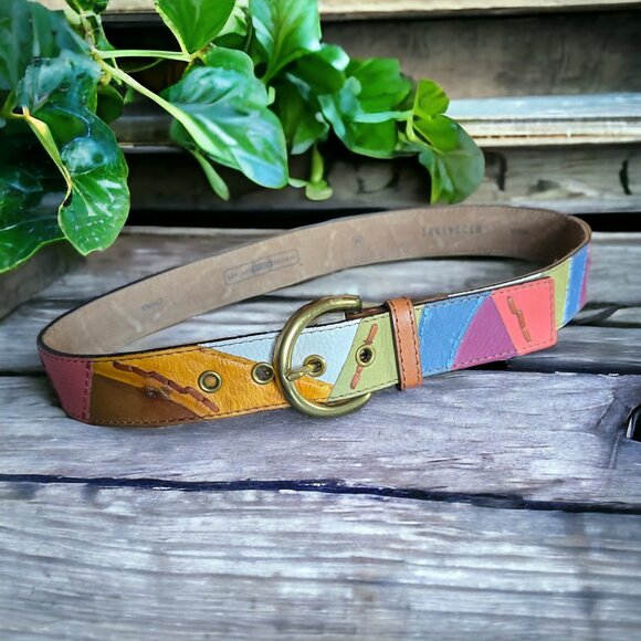 VINTAGE Y2K FOSSIL  ( MED ) Genuine Leather Patchwork Belt - Picture 4 of 10